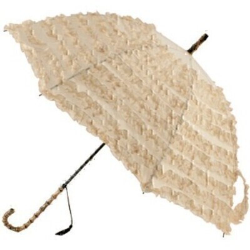 This Beige FiFi Frilled Umbrella features 9 sumptuous frills covering the whole canopy as well as a beautiful Bamboo effect hooked handle and tassel. It also has 8 virtually unbreakable fibreglass ribs and a secure velcro fastener. It has a diameter of 105cm and is walking stick lenght.